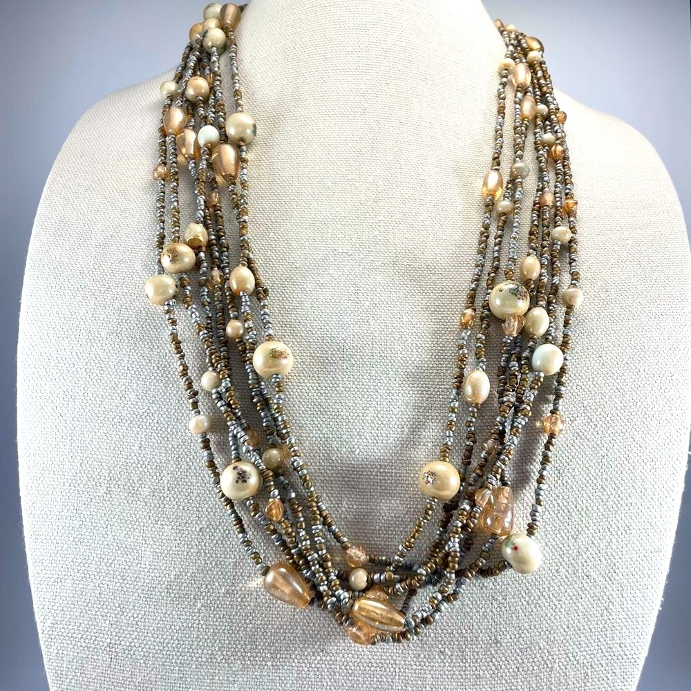 Vintage Unsigned 7 Layer Seed Bead Painted Round Glass Beaded Statement Necklace